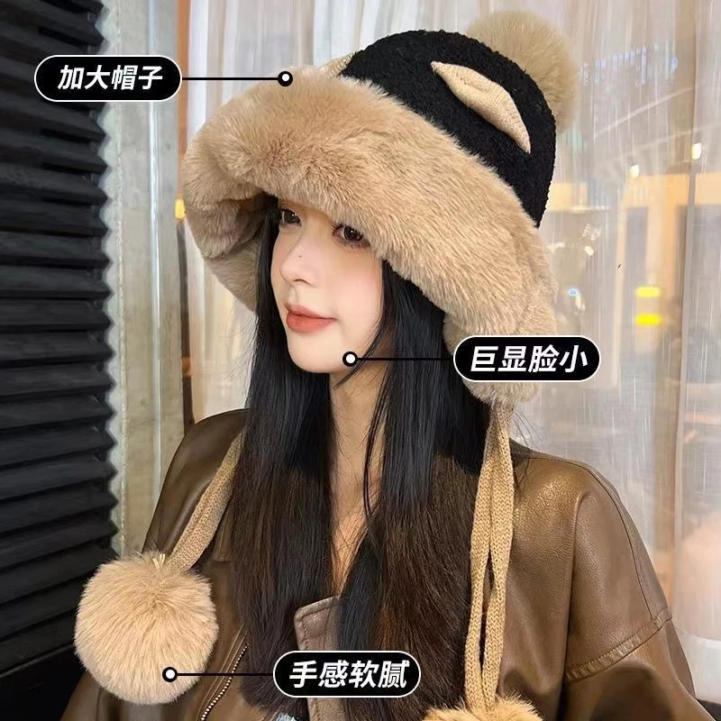 冬季韩版百搭可爱耳朵毛绒帽女款加绒护耳雷锋帽子女保暖包头帽潮
