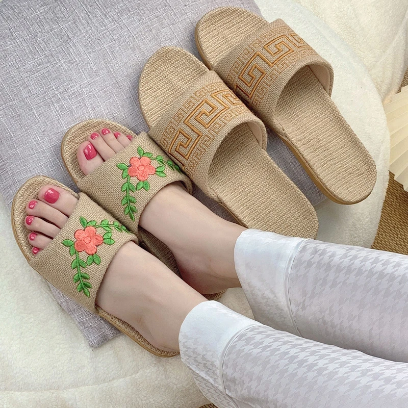 2023新款亚麻四季居家室内情侣防滑软底EVA透气吸汗凉拖草编男女