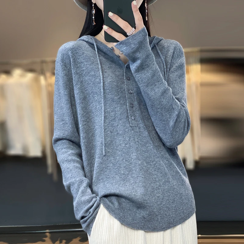气质100%羊毛灰色帽衫女宽松休闲百搭针织连帽毛衣打底衫卫衣帽衫