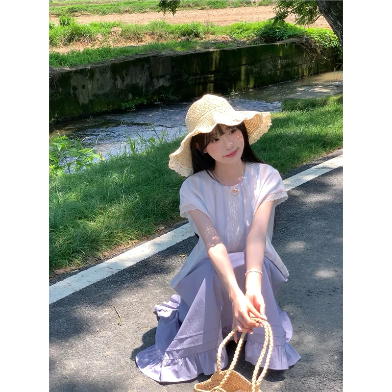 罐头士多所夏季搭配一整套条纹日系蕾丝拼接圆领上衣半身裙两件套