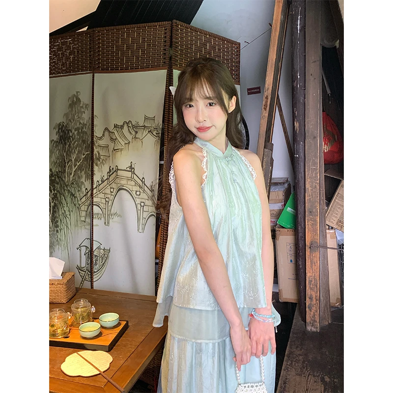 罐头士多所 夏季套装裙女新中式薄荷曼波色挂脖上衣半身裙两件套