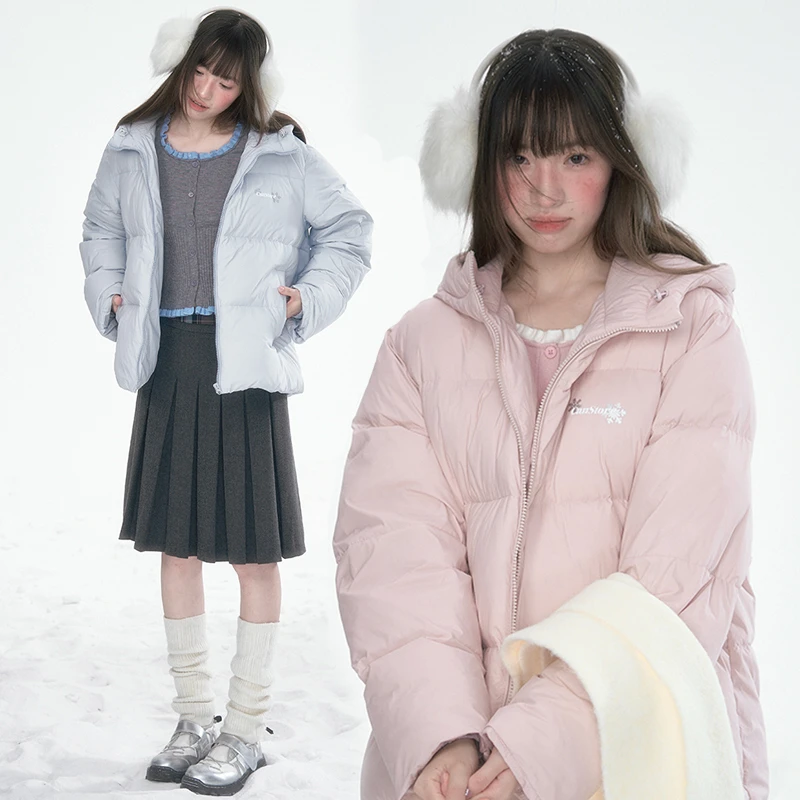 罐头士多所冬季新款连帽基础纯色保暖外套新国标白鸭绒短款羽绒服