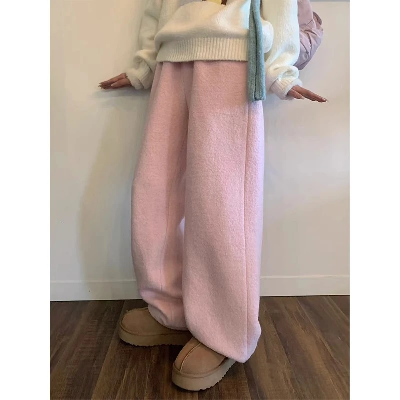 罐头士多所 裤子女2024冬季新款松紧腰粉色宽松百搭休闲裤