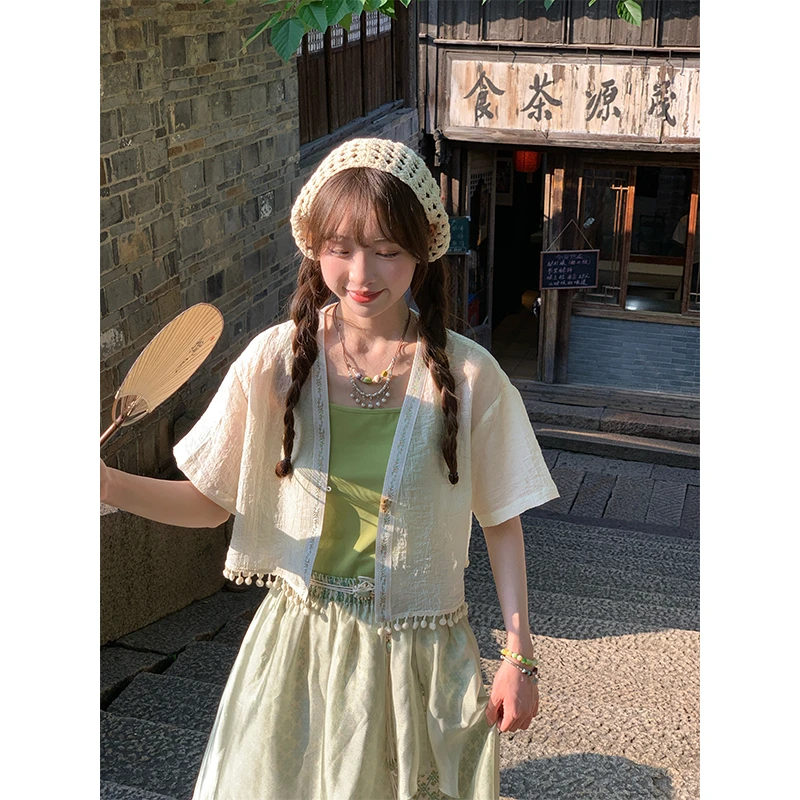 罐头士多所 夏季套装国风改良民族风搭配套装吊带开衫半裙三件套