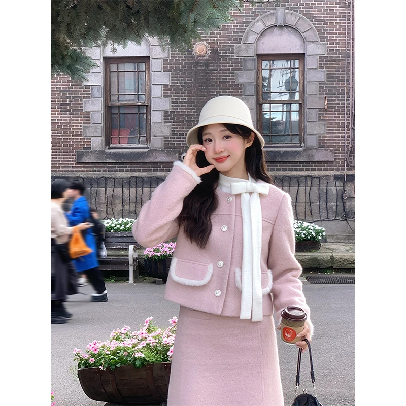 罐头士多所千金风粉色毛呢短外套+中长款半身裙套装两件套