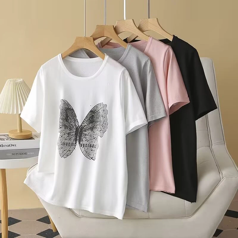 女装夏季宽松大码韩版百搭时尚设计感印花圆领薄款打底针织衫上衣