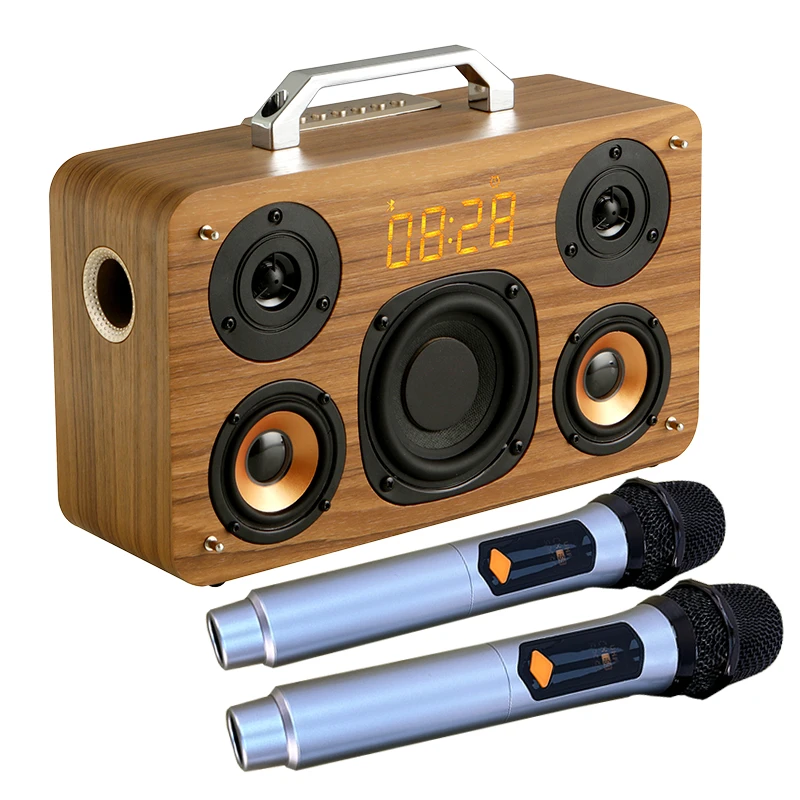 国立M300带双话筒K歌木质无线蓝牙音响 三分频大功率时钟闹钟音响