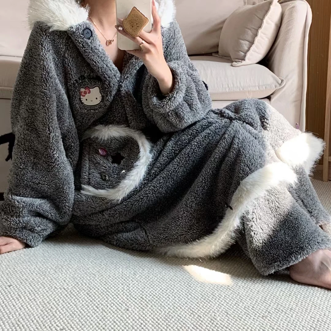 睡衣女秋冬新款珊瑚绒加绒加厚可爱KT猫咪可外穿睡袍家居服女