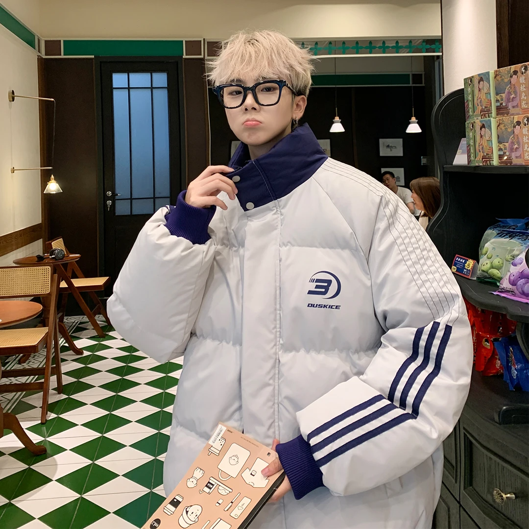 冬季织带立领保暖棉服男潮宽松情侣条纹面包服棉衣青年加厚棉袄子