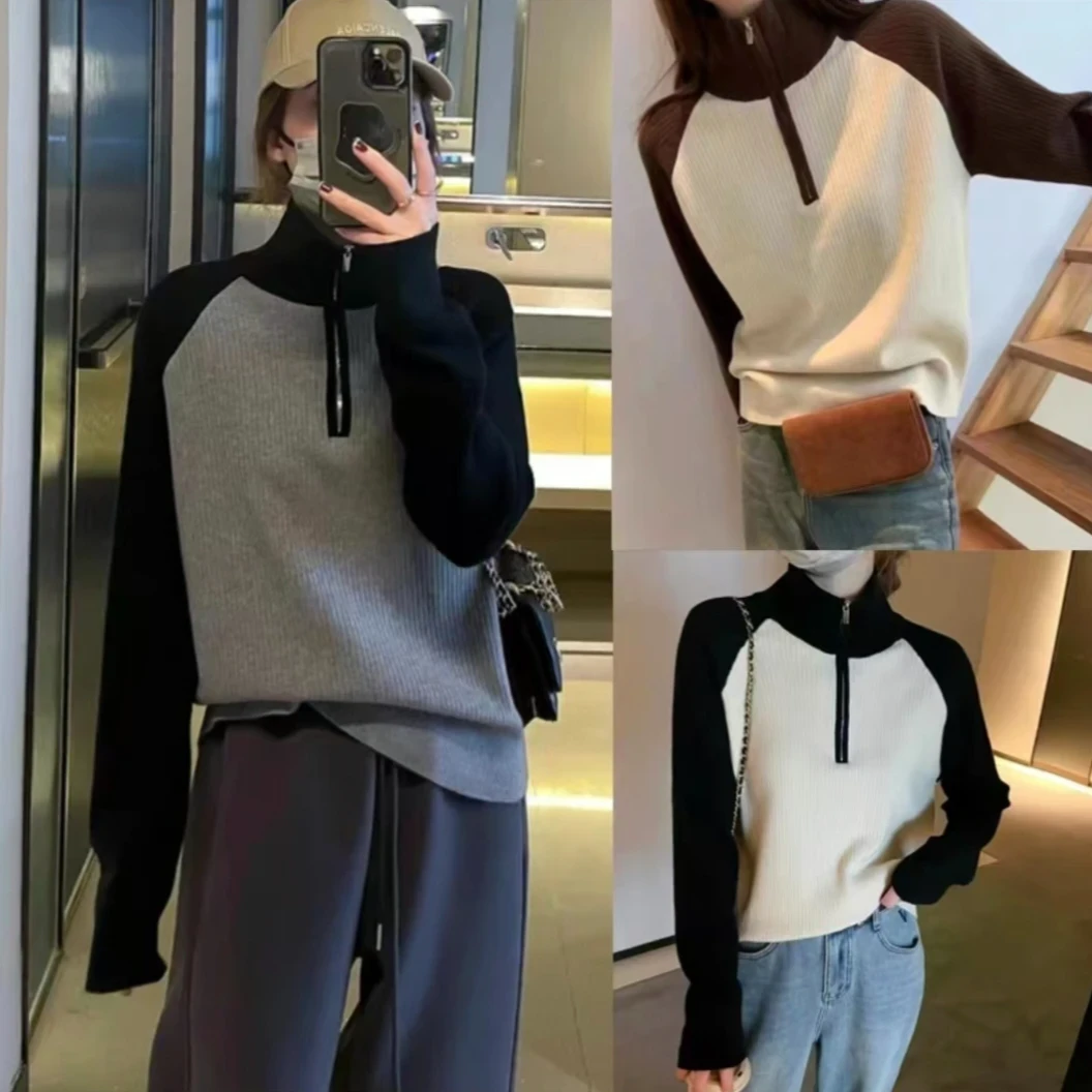 网红百搭时尚洋气减龄秋冬毛衣宽松显瘦撞色半高领针织衫51004YP