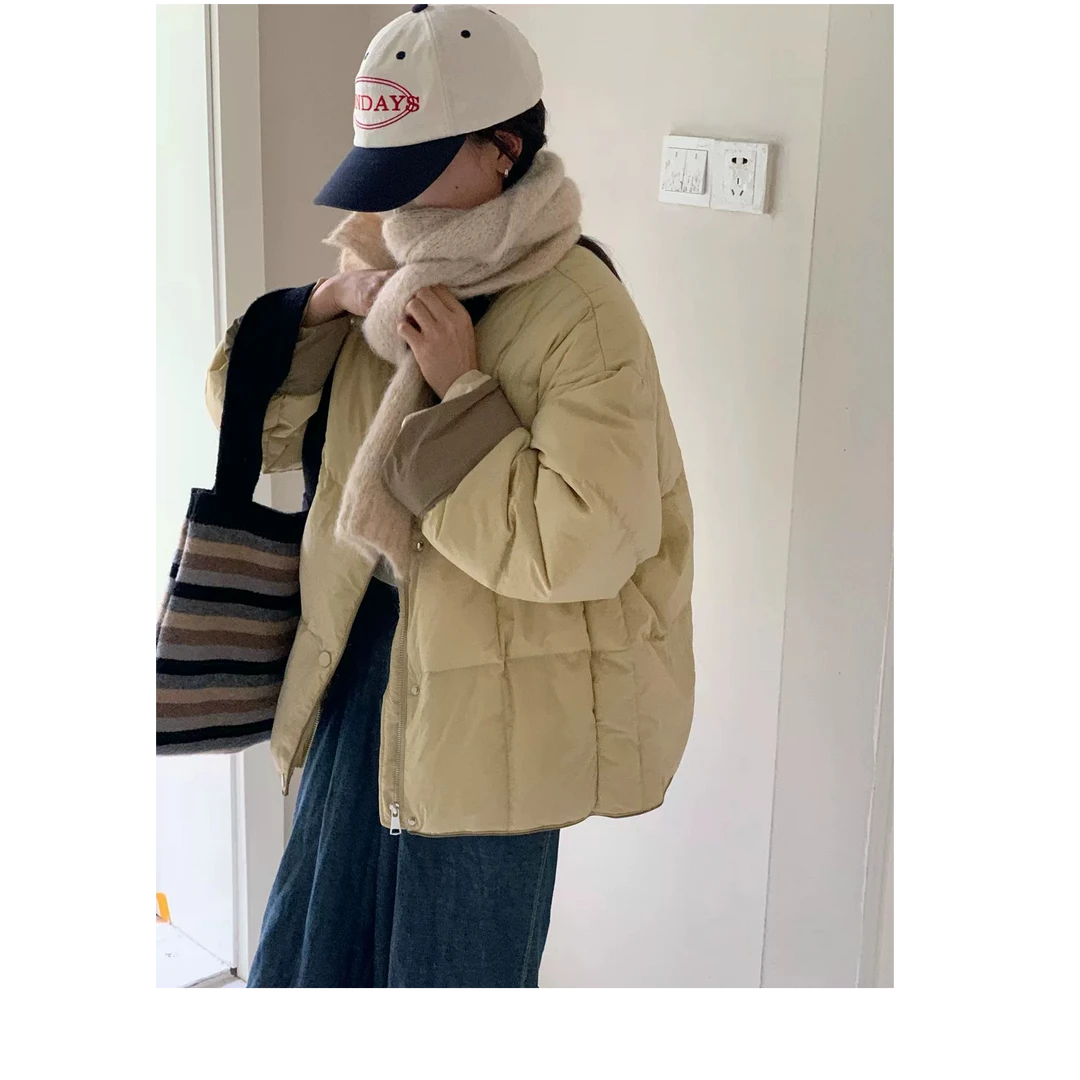 2024新款无领韩系撞色保暖羽绒服女保暖冬季外套1