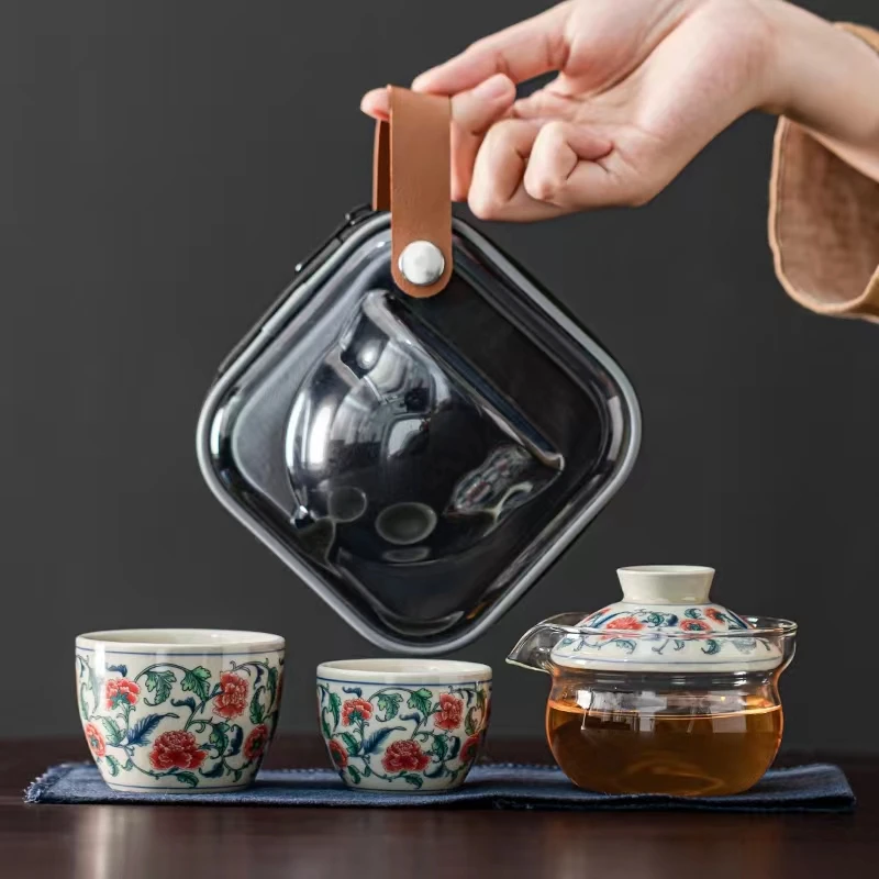 复古牡丹青花旅行快客杯盖碗泡茶器便携式玻璃茶杯收纳户外小套装