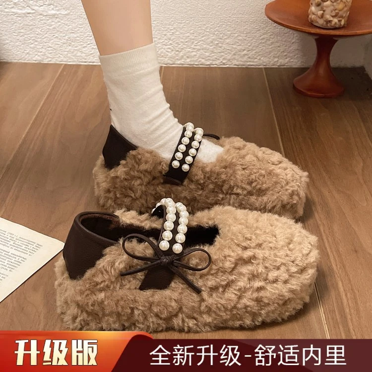百搭鞋子厚底蝴蝶结加绒毛毛鞋女外穿2025秋冬季一脚蹬豆豆鞋棉鞋