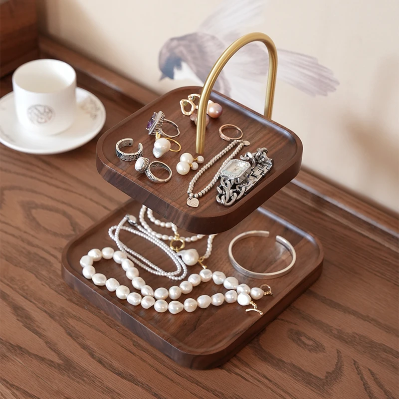 黑胡桃木化妆品收纳盒桌面香水口红置物架双层实木梳妆台收纳架