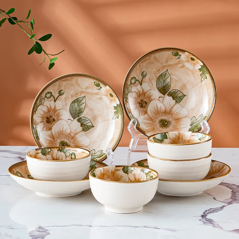 山茶花8件4碗4盘碗碟盘餐具套装家用碗盘饭碗欧式釉下陶瓷米饭碗