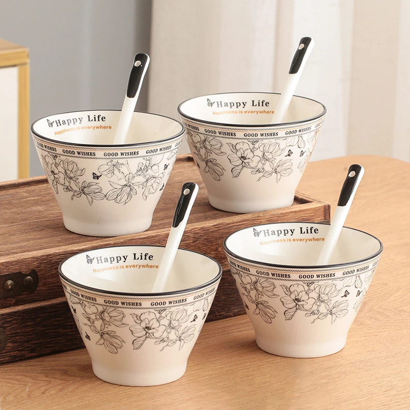 斗笠碗4碗4勺小香风陶瓷餐具套装ins米饭碗家用吃饭加厚轻奢高级