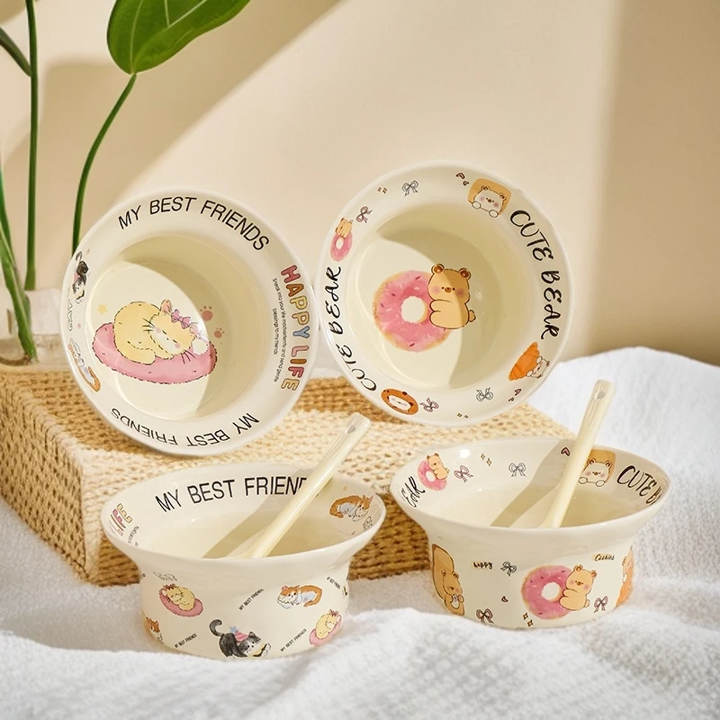 奶油陶瓷甜品碗卡通饭碗可爱松弛感餐具家用蒸蛋碗宿舍情侣碗勺