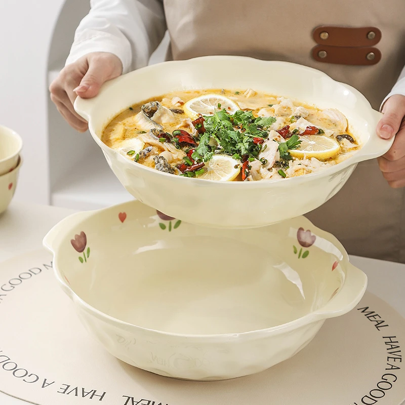 10英寸酸菜鱼大盆家用双耳陶瓷奶油郁金香大汤碗水煮鱼毛血旺大碗