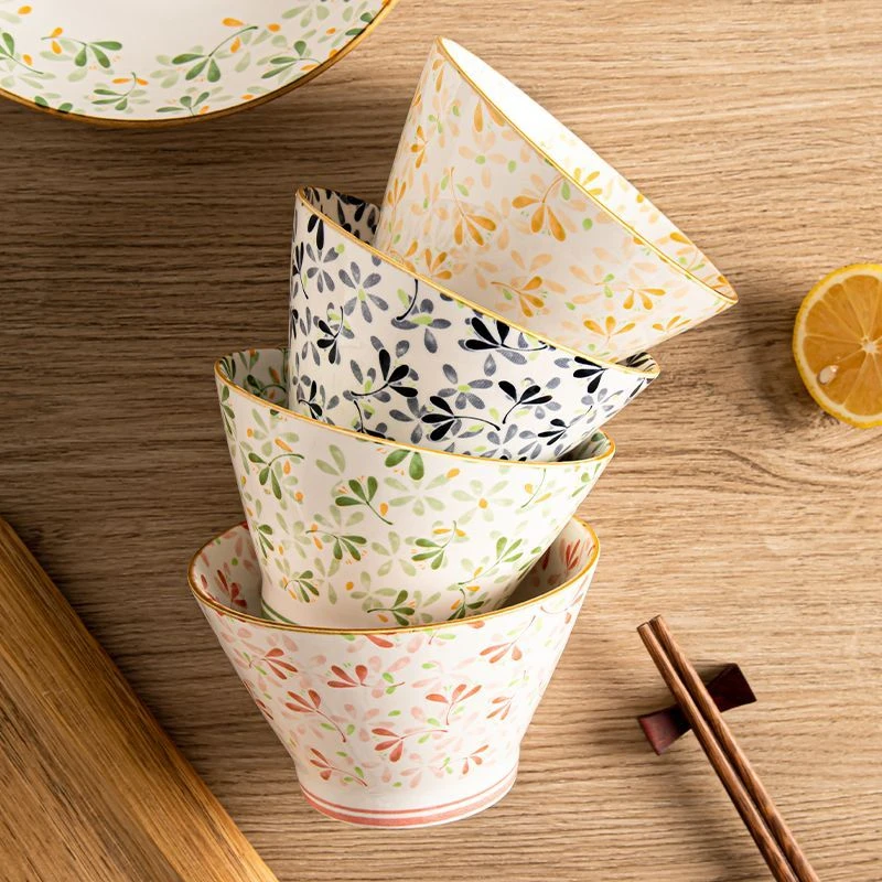 4个装斗笠碗四季繁花陶瓷米饭碗5英寸家用釉下彩防烫吃饭沙拉碗