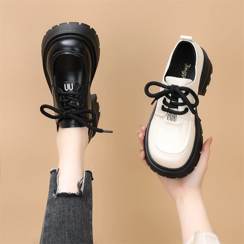 真皮小皮鞋女2024新款春季时尚英伦风厚底单鞋系带轻便软底乐福鞋