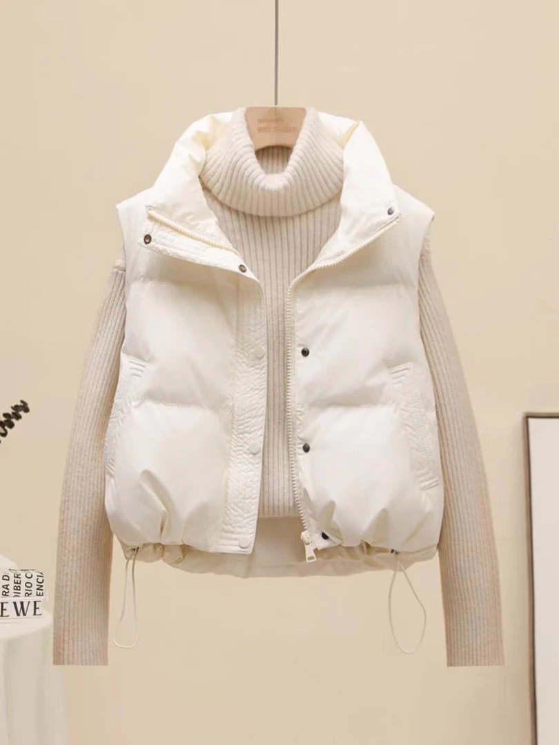 2025秋冬季羽绒棉服马甲女PU皮免洗立领宽松短款外穿洋气坎肩外套