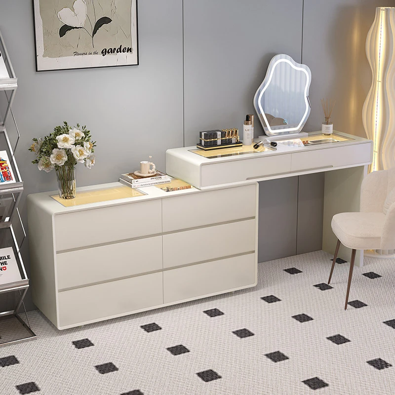 奶油风梳妆台斗柜一体家用简约现代2024新款轻奢实木带灯化妆桌
