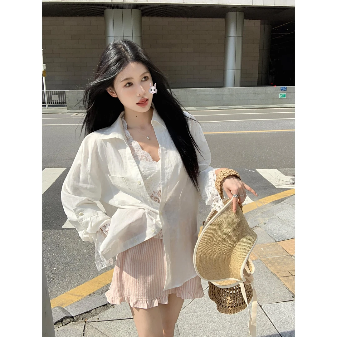 纯欲松弛感刺绣防晒衬衫外套修身性感内搭蕾丝上衣白色两件套女春