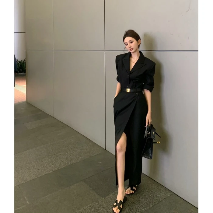 高级感气质黑色西装外套上衣高腰开叉包臀半身裙长裙子套装女秋季