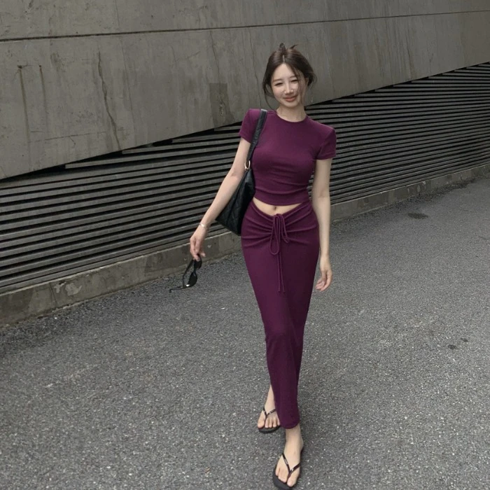 紫色正肩短袖T恤上衣辣妹内搭女春半身裙包臀裙盐系穿搭两件套装