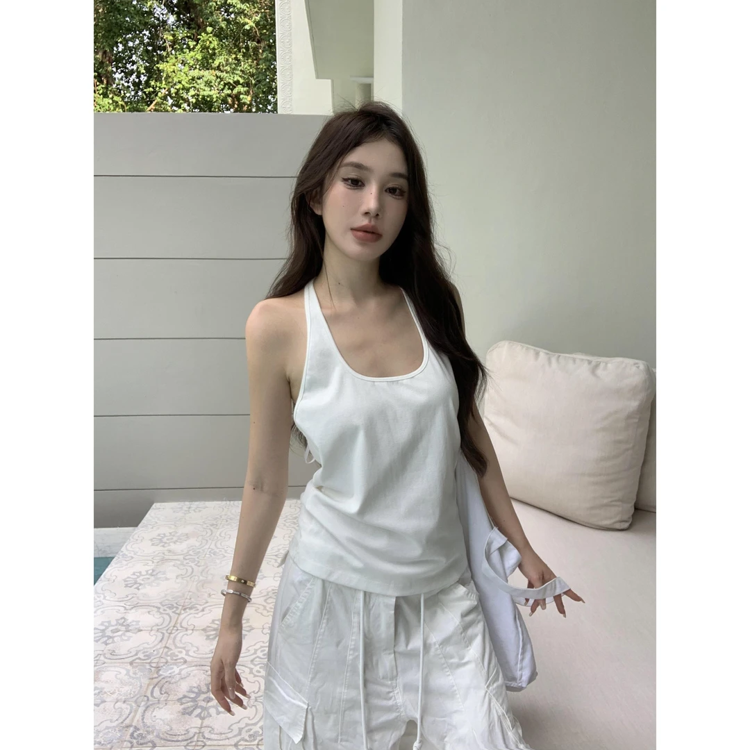 性感绝美U领挂脖宽松背心吊带女秋季新款白色内搭打底衫上衣外穿