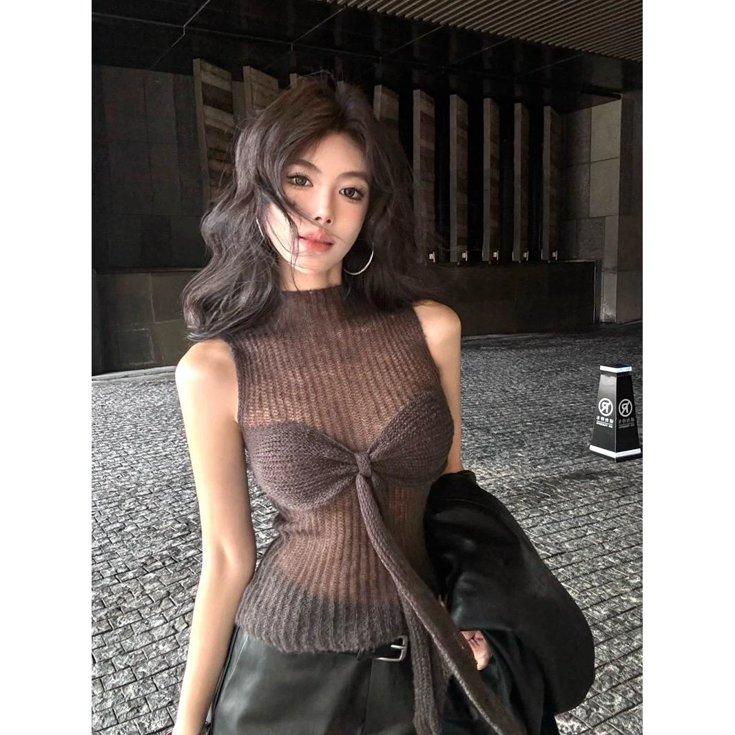 纯欲灰色微透蝴蝶结针织背心女早春性感挂脖修身短款无袖上衣外穿