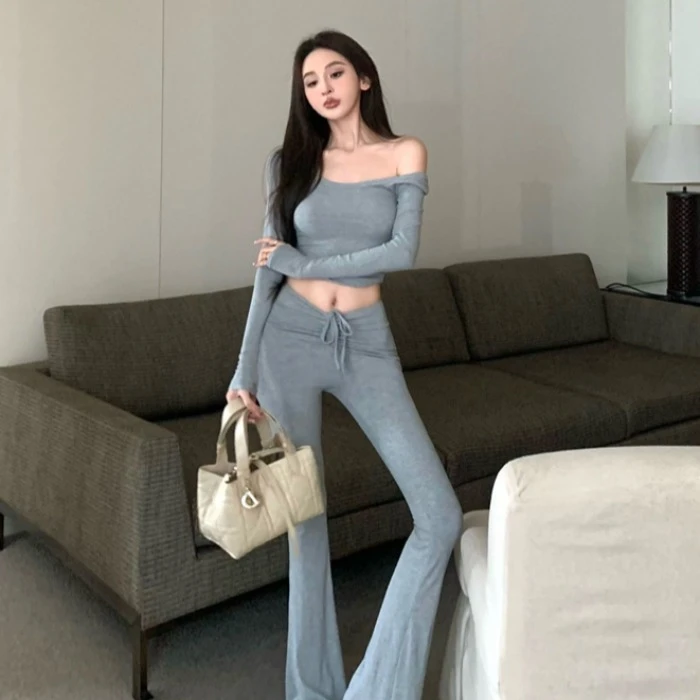 美式辣妹紧身长袖T恤上衣绑带高腰休闲裤灰色喇叭拖地长裤子套装