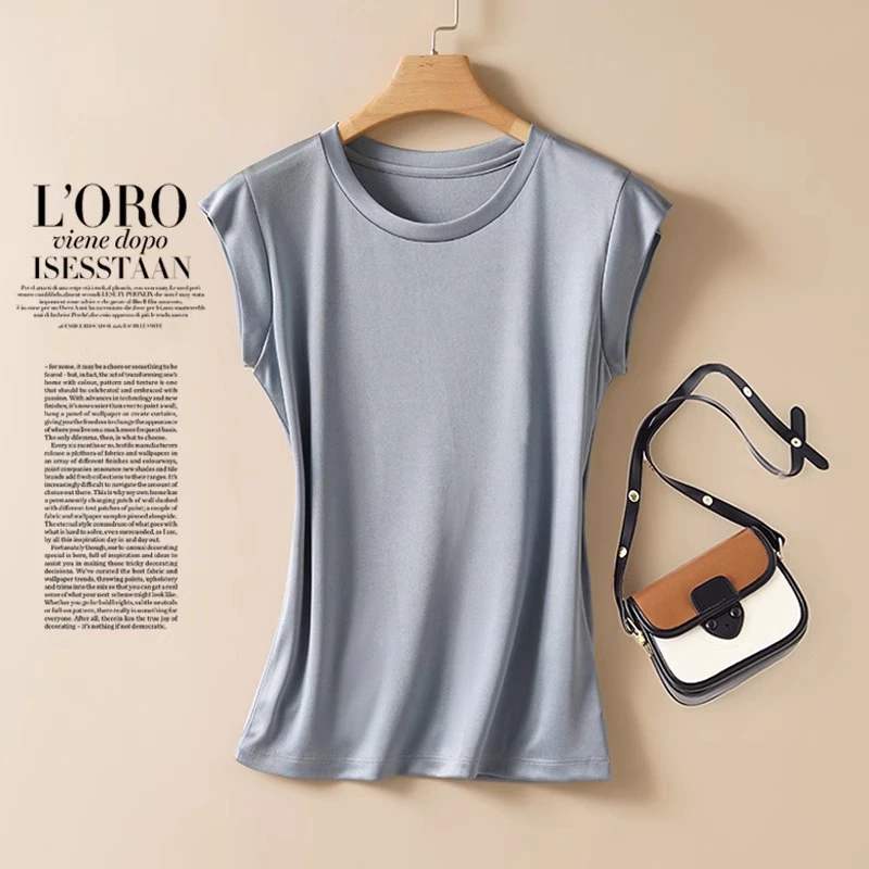 蓝色小飞袖短袖t恤女独特漂亮减龄款上衣2024夏季新款显瘦打底衫