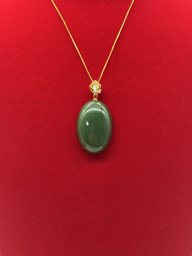 925银扣头和田玉碧玉菠菜绿老坑吊坠赠925银链00142