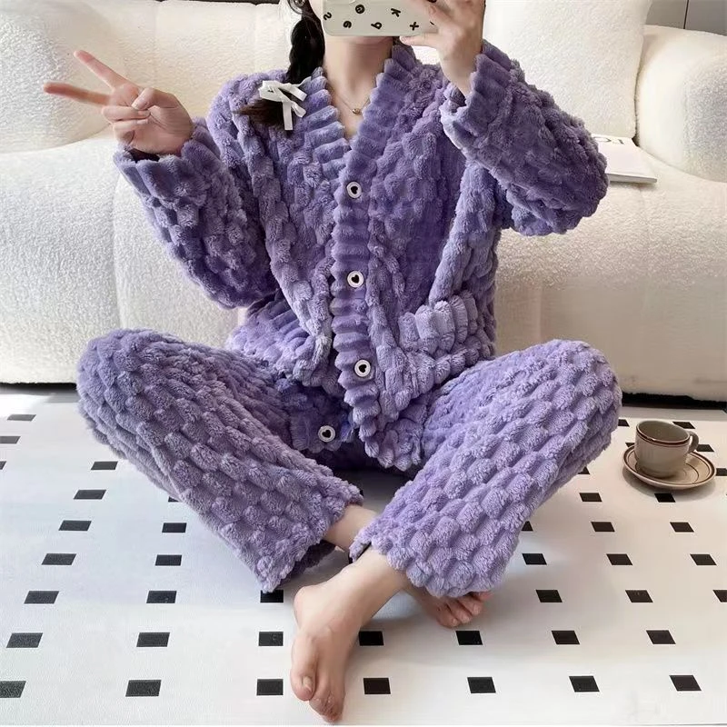 Y861秋冬季睡衣女士时尚加绒大码保暖长袖冬款家居服套装T