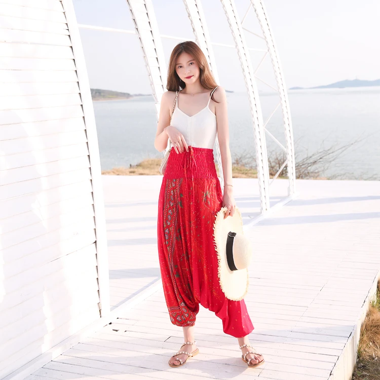 泰国尼泊尔风孔雀大裆裤多色夏季高腰长裤胯裆宽松舒适透气排汗