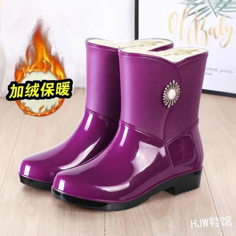 雨鞋女款中筒加厚加绒防冻轻便一体靴外出防水防滑冬天工作保暖鞋