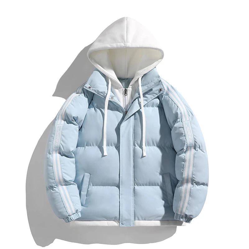 韩版潮流冬季加厚保暖棉衣假两件连帽宽松面包服情侣款棉衣男士