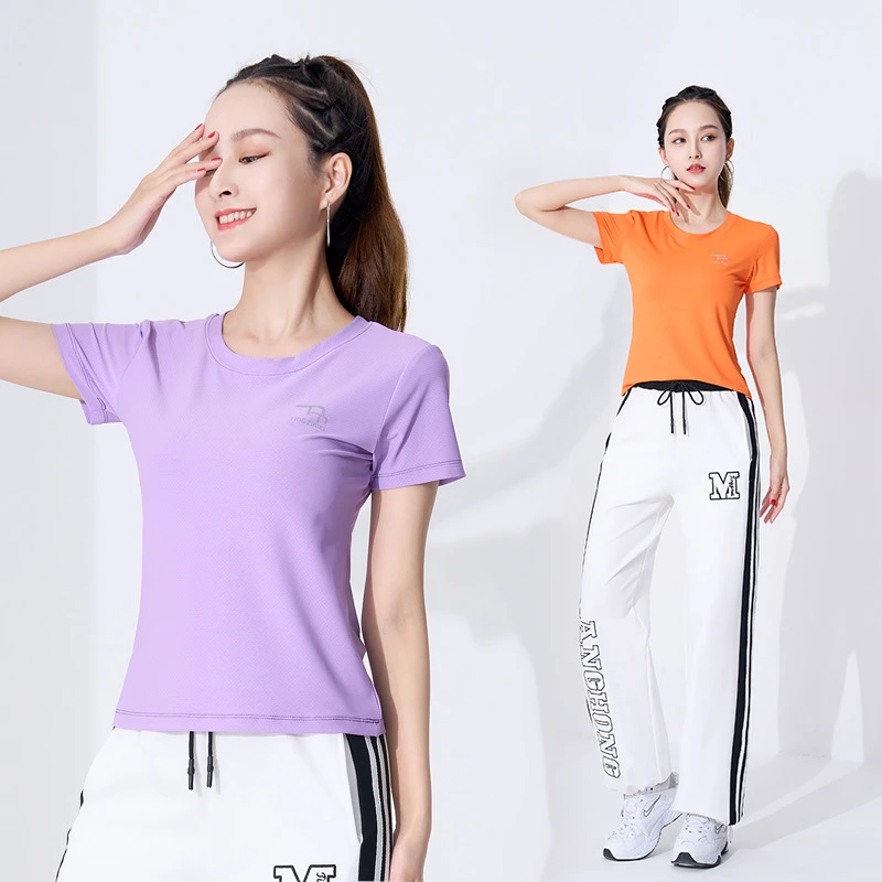 广场舞服装新款运动速干冰格短袖上衣跳健身操舞蹈跑步衣服女长裤