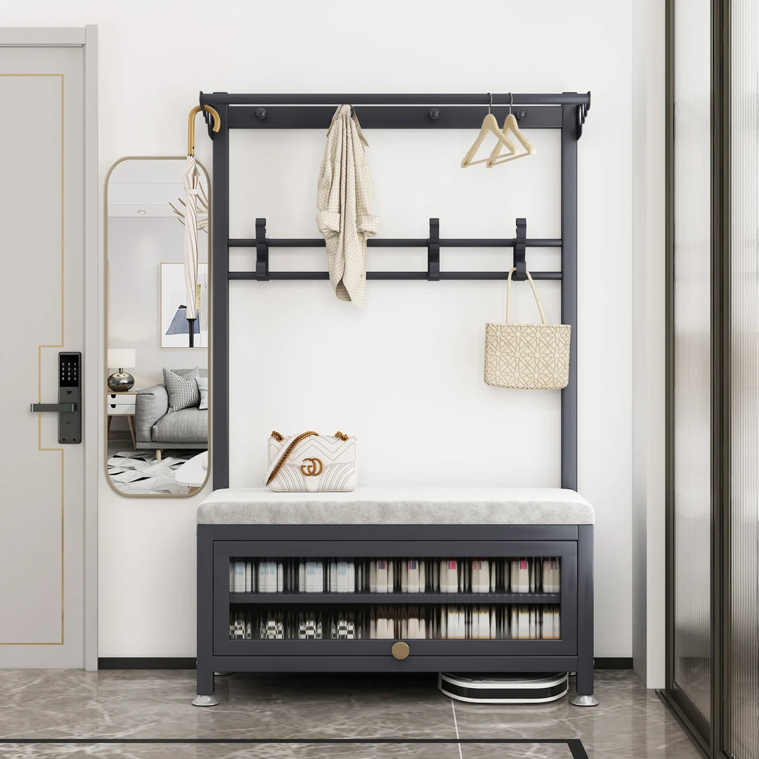 衣帽架落地多功能衣服挂架入户玄关进门换鞋凳挂衣架一体可坐鞋柜