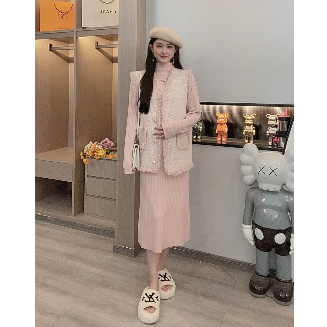 【森系格雷】洋气小香风针织套装裙2024孕妇装毛衣马甲打底衫两件套