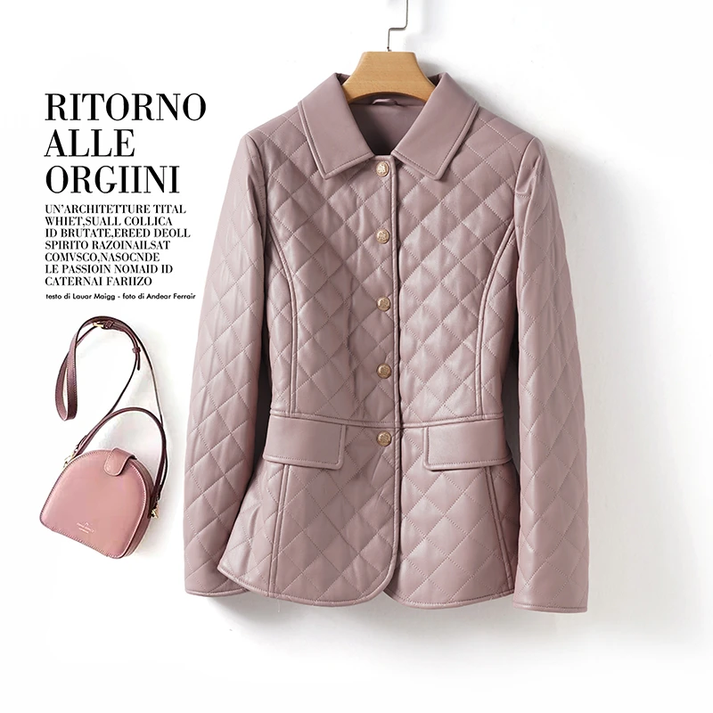 海宁真皮衣女短款修身2025春秋新款棉服保暖加厚复古纯色加棉外套