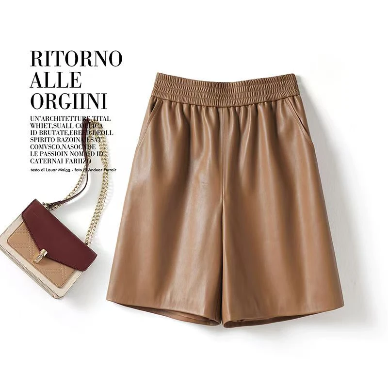 海宁真皮皮裤女高腰百搭简约A版松紧阔腿2024秋冬新款五分皮短裤