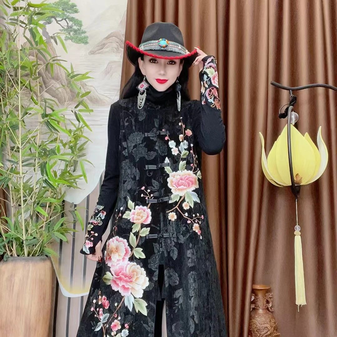 民族风春秋款刺绣长马甲7863-1