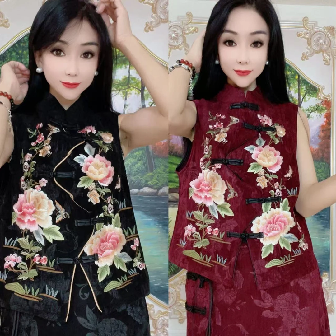 民族风盘扣牡丹刺绣款马甲7955