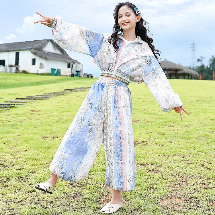 女童防晒套装春秋夏季复古中大儿童民族风灯笼裤出游穿搭海边度假