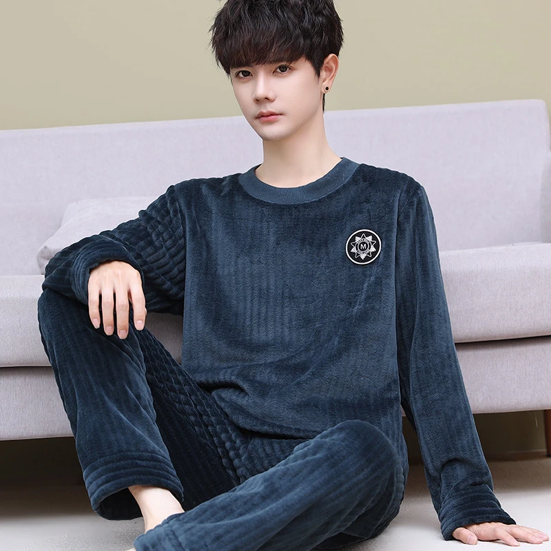 套头睡衣男法兰绒加厚加绒秋冬季珊瑚绒男士家居服简约休闲加大码