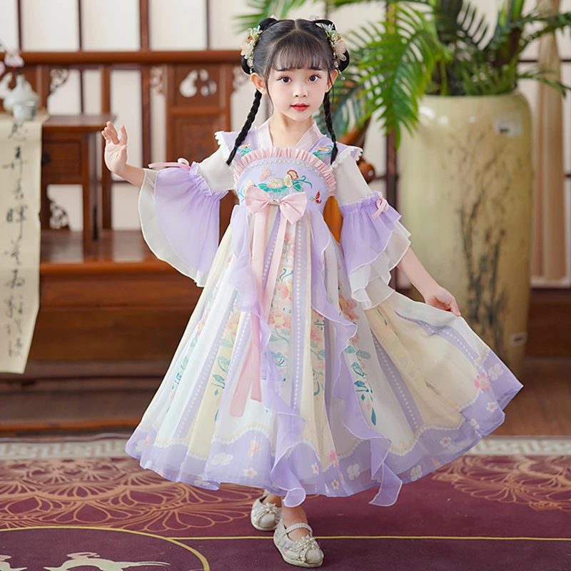 超仙汉服连衣裙女童2024夏季新款中国风唐装儿童古装仙气公主裙