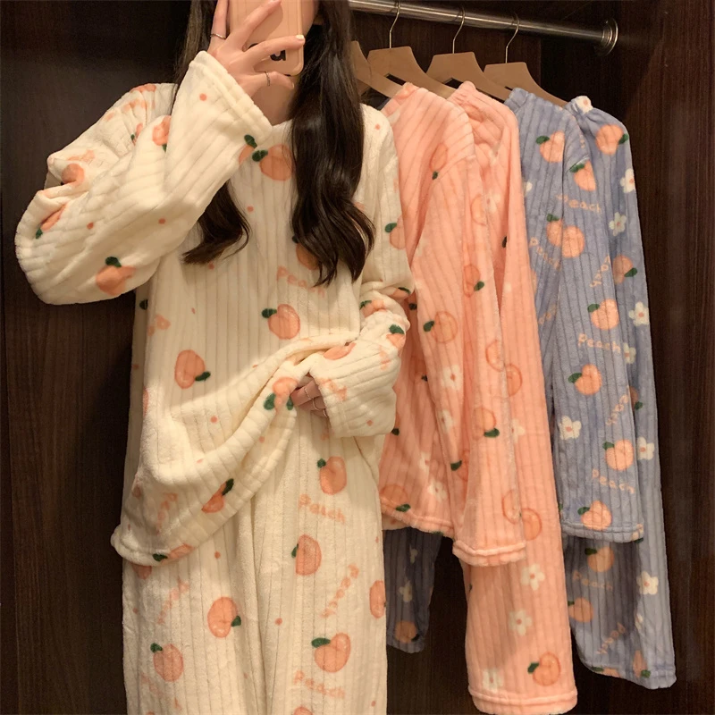 睡衣女冬季新款加厚保暖珊瑚绒可爱卡通桃子家居服睡衣套装 JR051