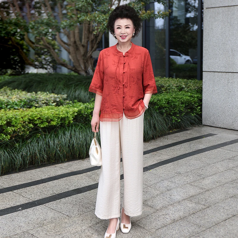 时尚新中式妈妈夏装套装2024夏季中老年女春夏衬衫上衣国风两件套